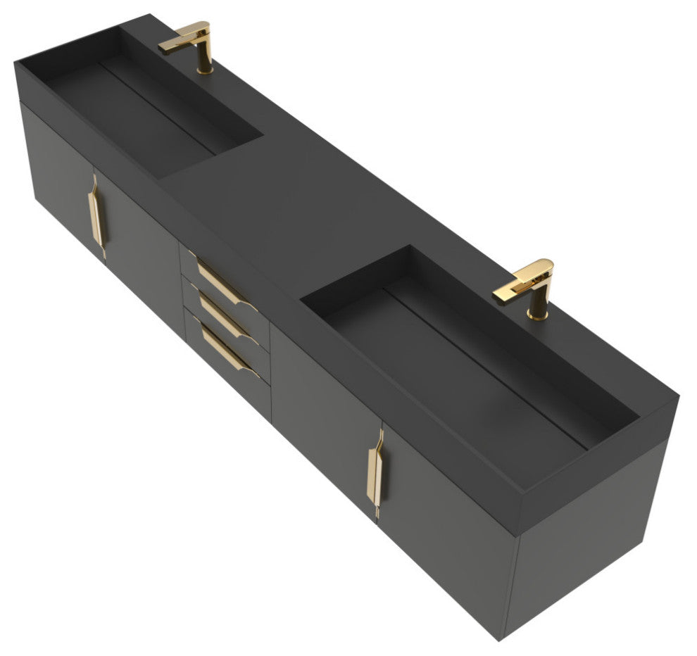 CastelloUSA Amazon 84" Wall Mounted Vanity Set, Black, Black Top, Gold Handles
