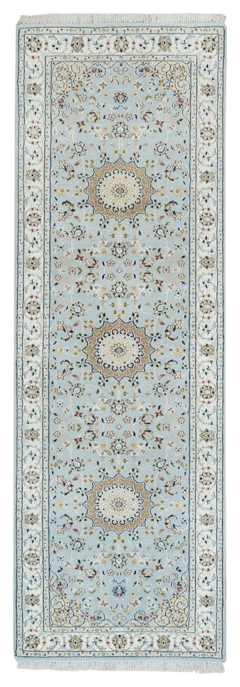 Blue 250 KPSI Extra Soft Wool Hand Knotted Nain Design Runner Rug 2'9"x8'4"