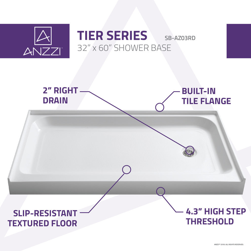 ANZZI Tier 32"x60" Center Drain Single Threshold Shower Base, White, 32"x60", Right Drain