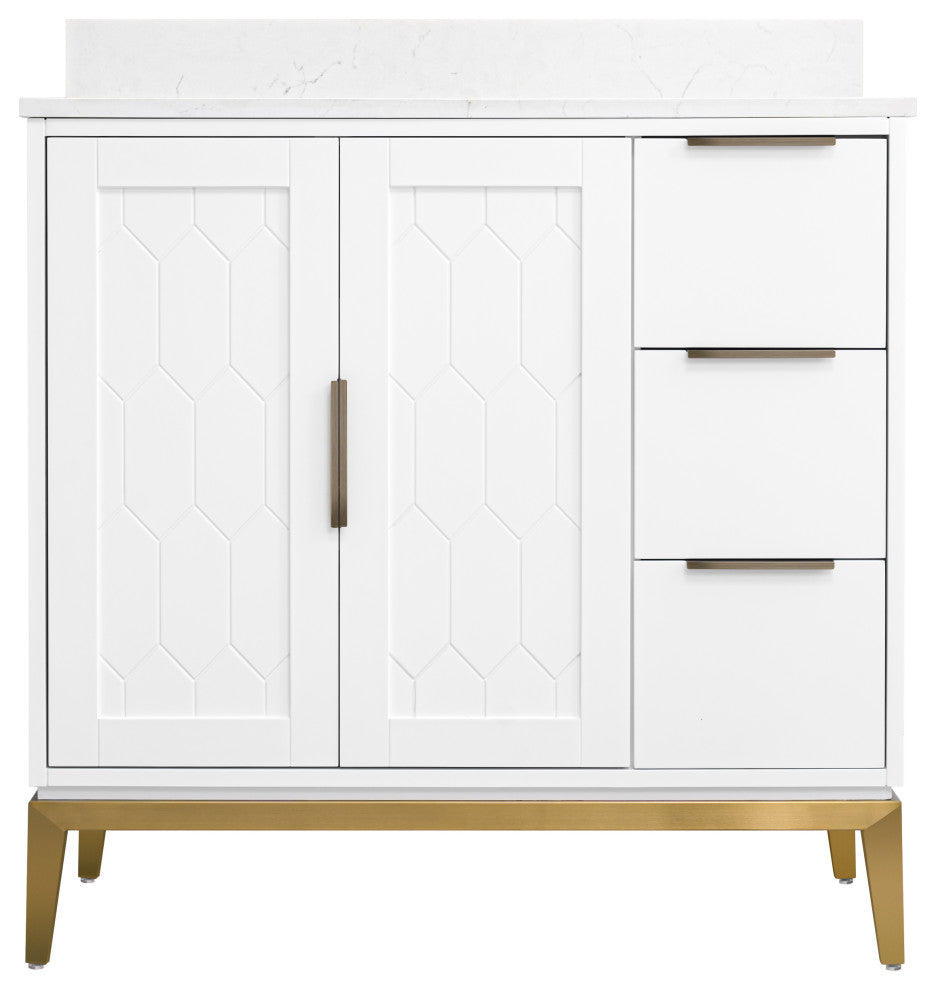 Alison Freestanding Bathroom Vanity with Italian Carrara White Marble Top, White, 36"