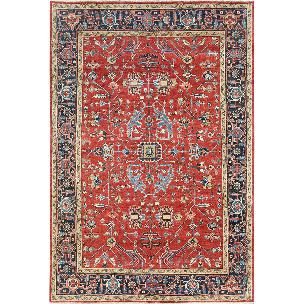 Imperial Red Afghan Peshawar Heriz Wool Hand Knotted Oriental Rug, 6'1"x9'1"
