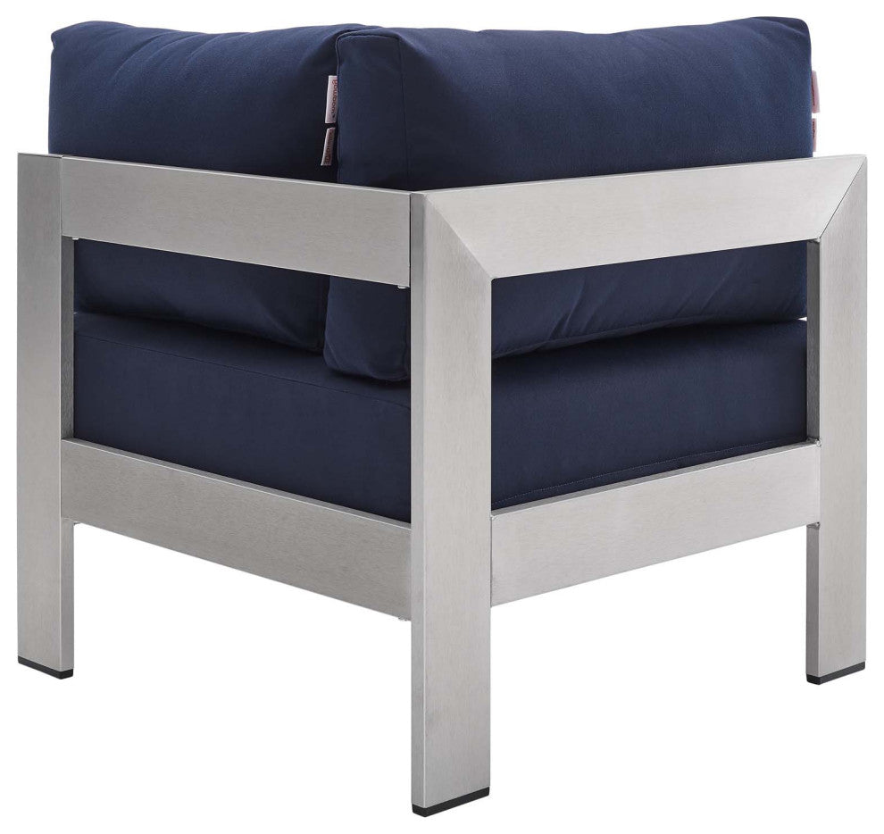 Sectional Sofa Chair Table Set, Sunbrella, Aluminum, Silver Blue Navy, Outdoor