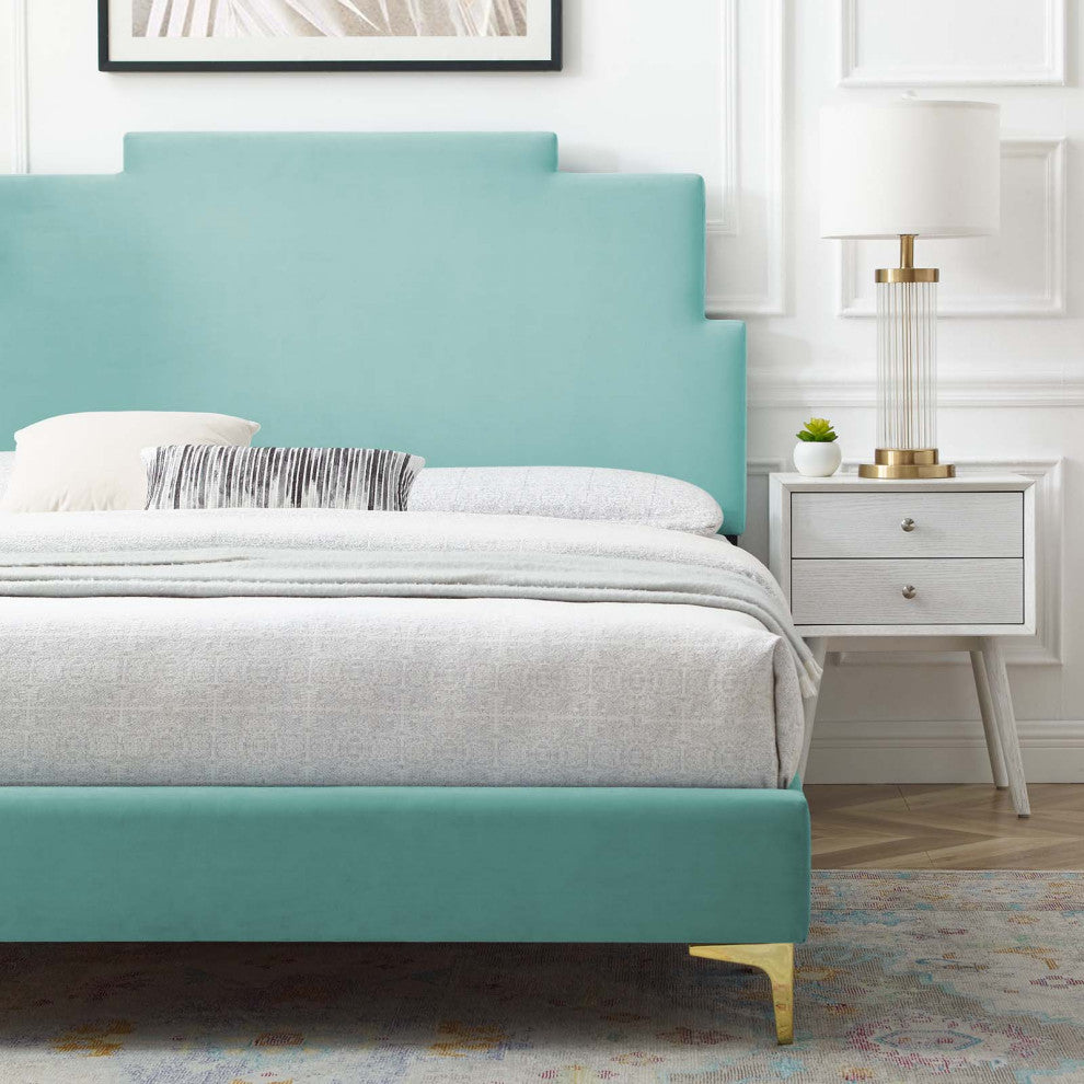 Platform Bed Frame, Queen Size, Velvet, Blue, Modern Contemporary, Bedroom