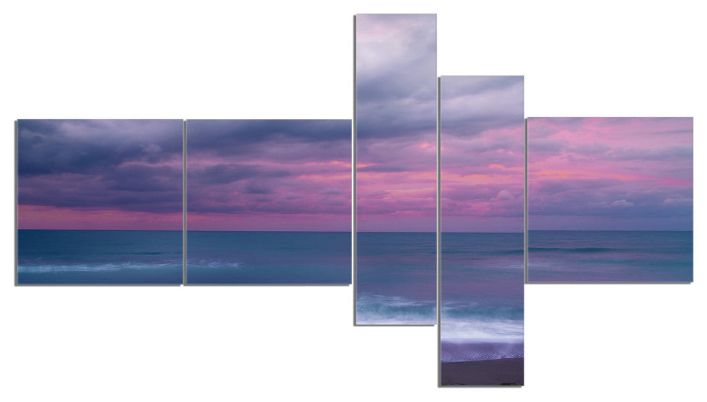 Blue and Pink Unset over Sea, Seashore Canvas Art Print, 60"x32", 5 panels
