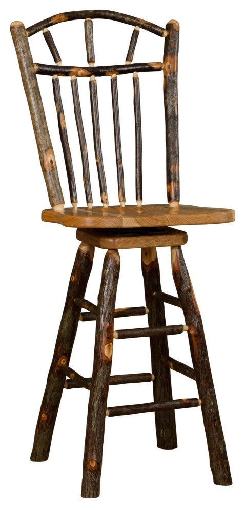 Hickory Log Wagon Wheel Swivel Barstool, All Hickory, 24 Inch, No Arms