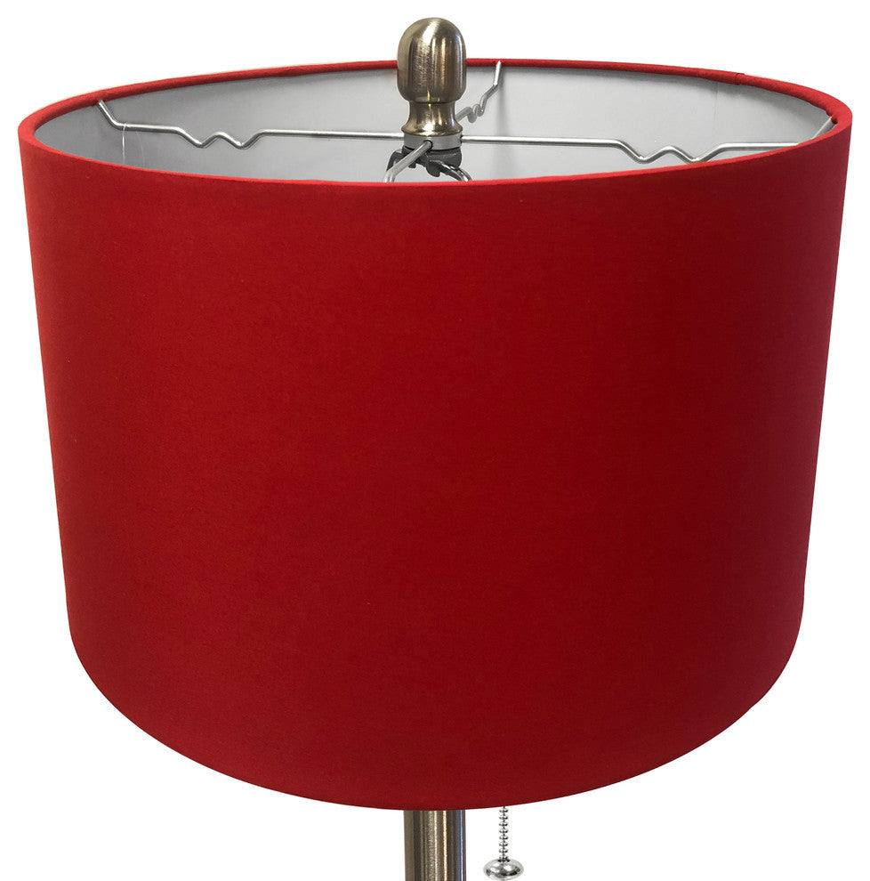 Brush Nickel Lamp with Crystal Ball Accents and Red Shallow Drum Hardback Shade