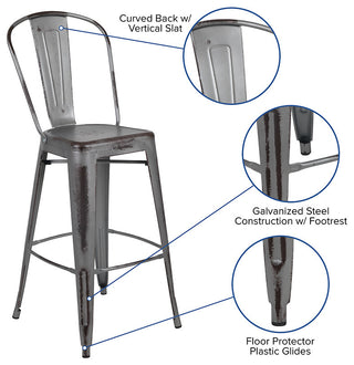 Commercial 30"High Distressed Silver Gray Metal Indoor-Outdoor Barstool, Back