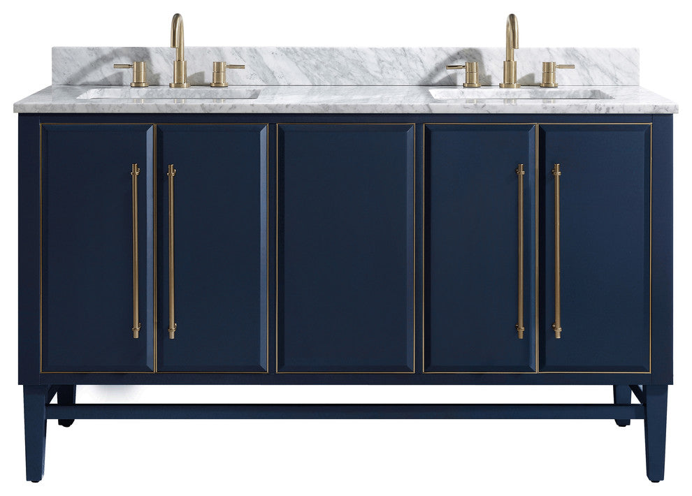 Mason 61" Vanity Combo, Navy Blue, Matte Gold Hardware / Natural 1" Carrara White Marble Countertop and Backsplash