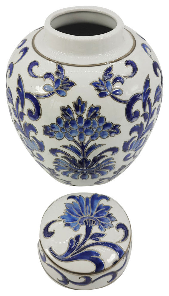 10" Blue and White Chinoiserie Ceramic Jar