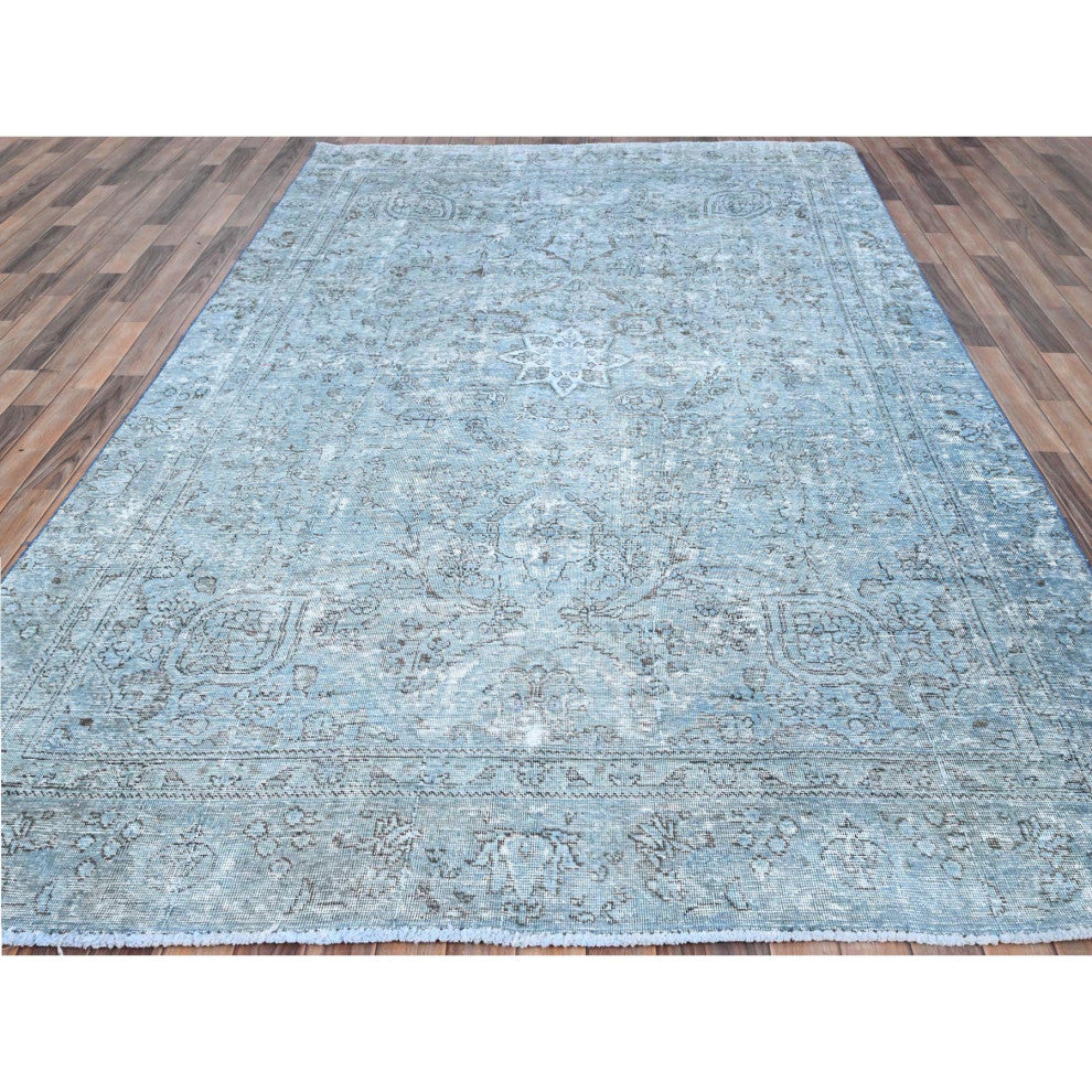 Medium Turquoise Pure Wool Hand Knotted Vintage Persian Tabriz Rug 7'1"x10'7"