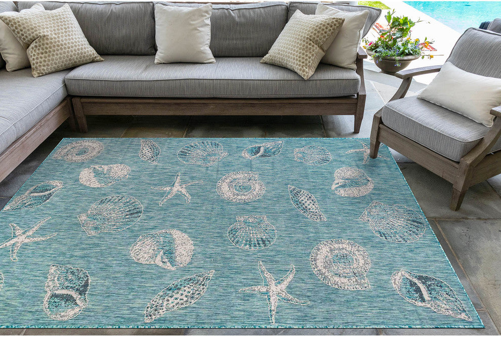 Carmel Shells Indoor/Outdoor Rug, Aqua, 7'10"x9'10"