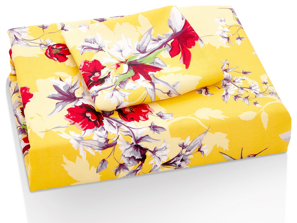 Sunshine Hummingbirds Floral Print Duvet Cover Set with Pillow Cases, King
