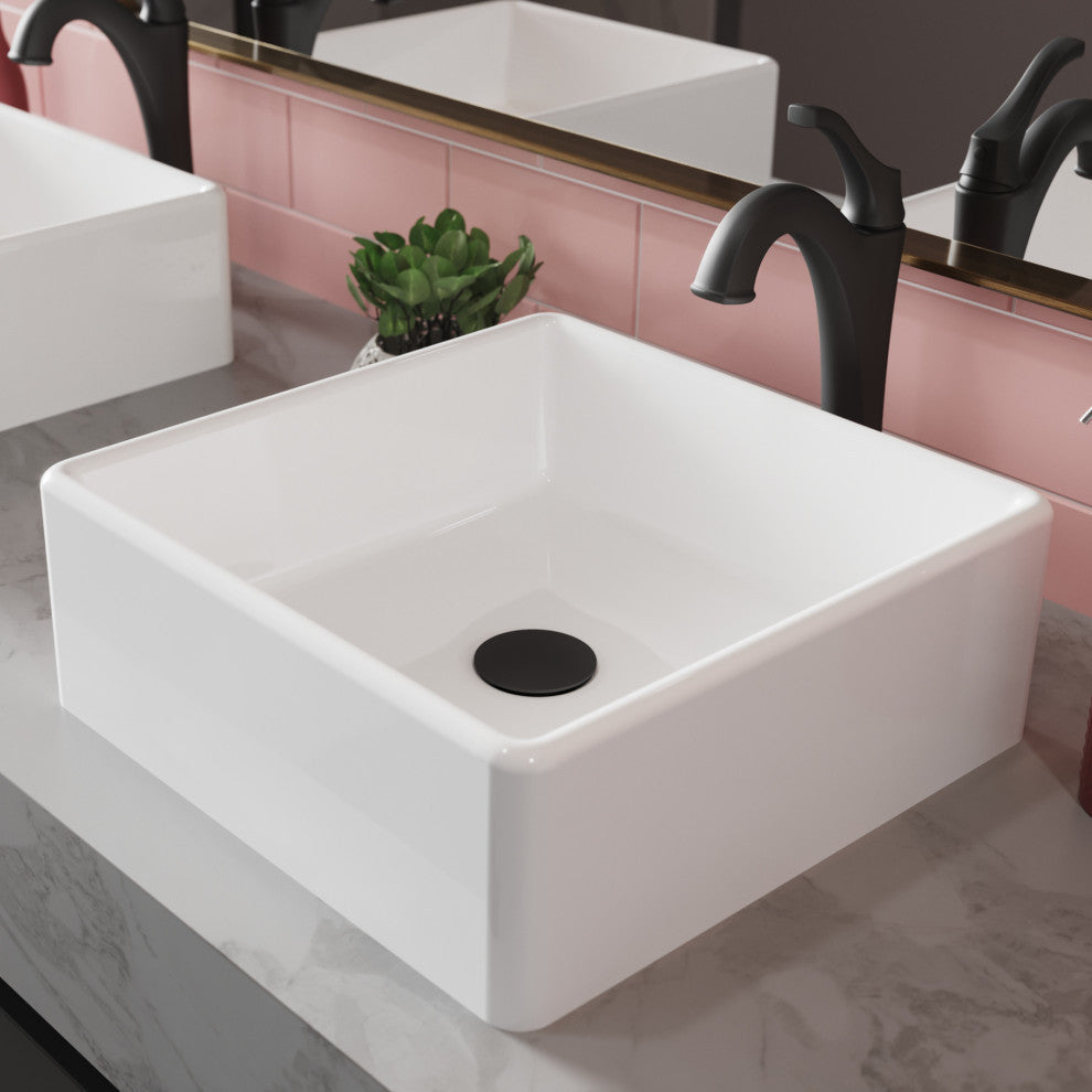 Elavo Square Ceramic Vessel Sink, Bathroom Arlo Faucet, Drain, Matte Black