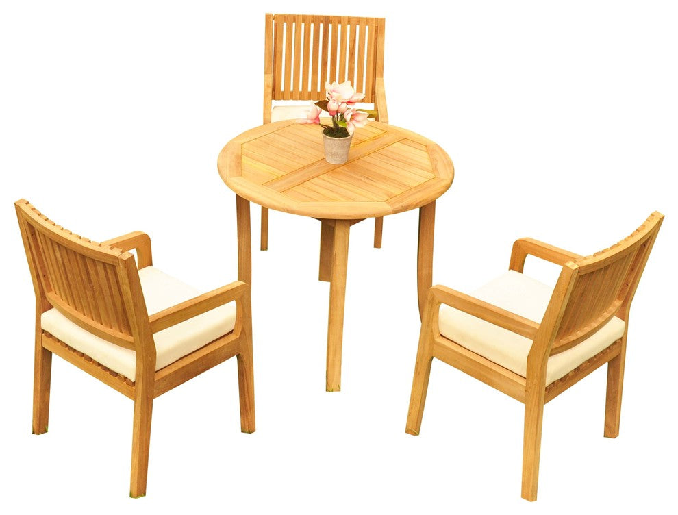 4-Piece Outdoor Patio Teak Dining Set: 36" Round Table, 3 Maldives Arm Chairs