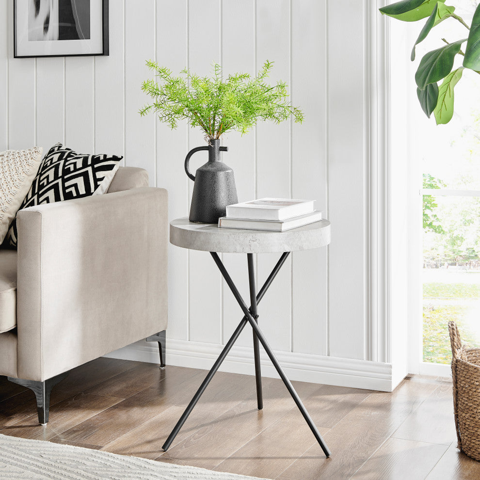 Circular Modern Grey Concrete Finish Black Metal Legs Accent Table