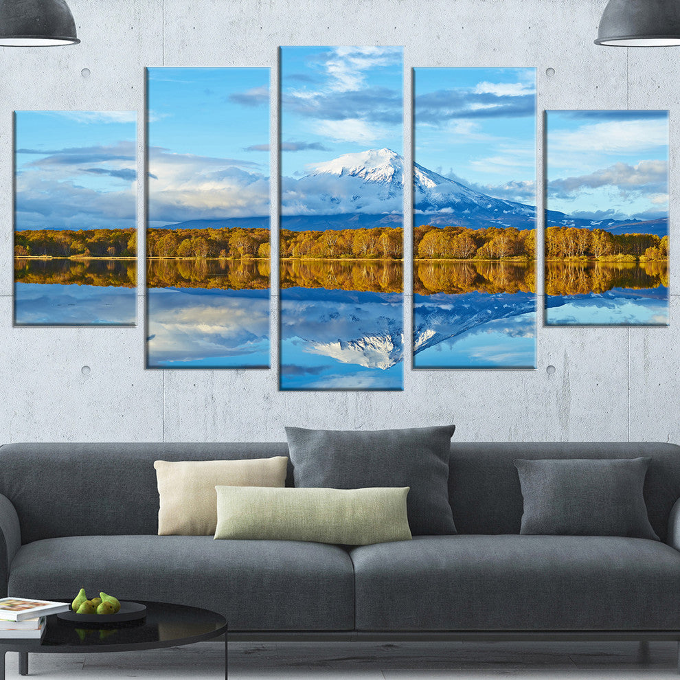 Ancient Volcano and Lake Panorama, Landscape Canvas Wall Art, 60"x32", 5 Panels