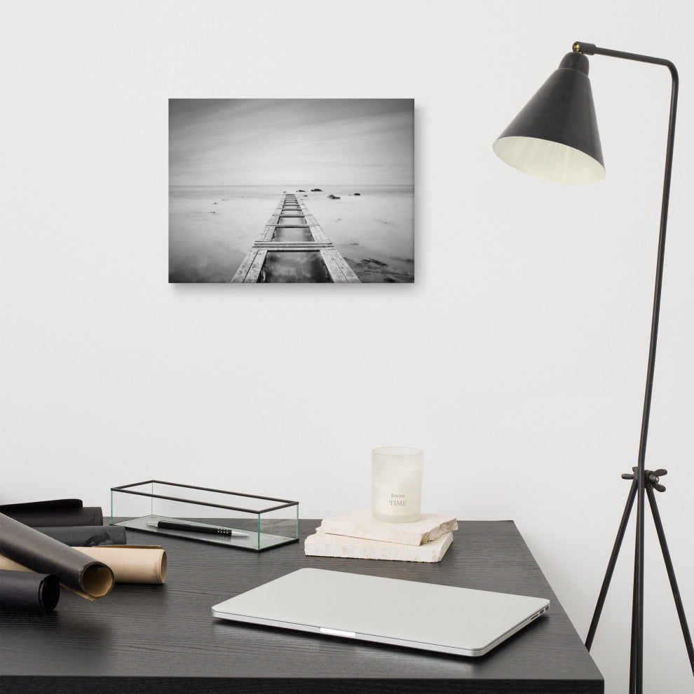Moody Ocean & Sky Wooden Pier Black & White Landscape Photo Canvas Art Print, 12" X 16"