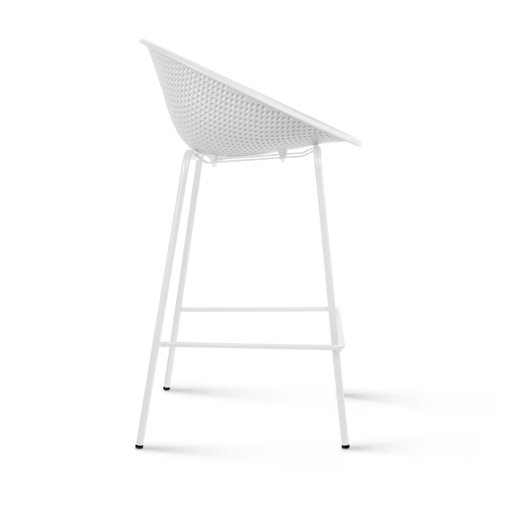 Set of 2 Modern Counter Stools with Perforated Low Back and Metal Frame, 25.5", White