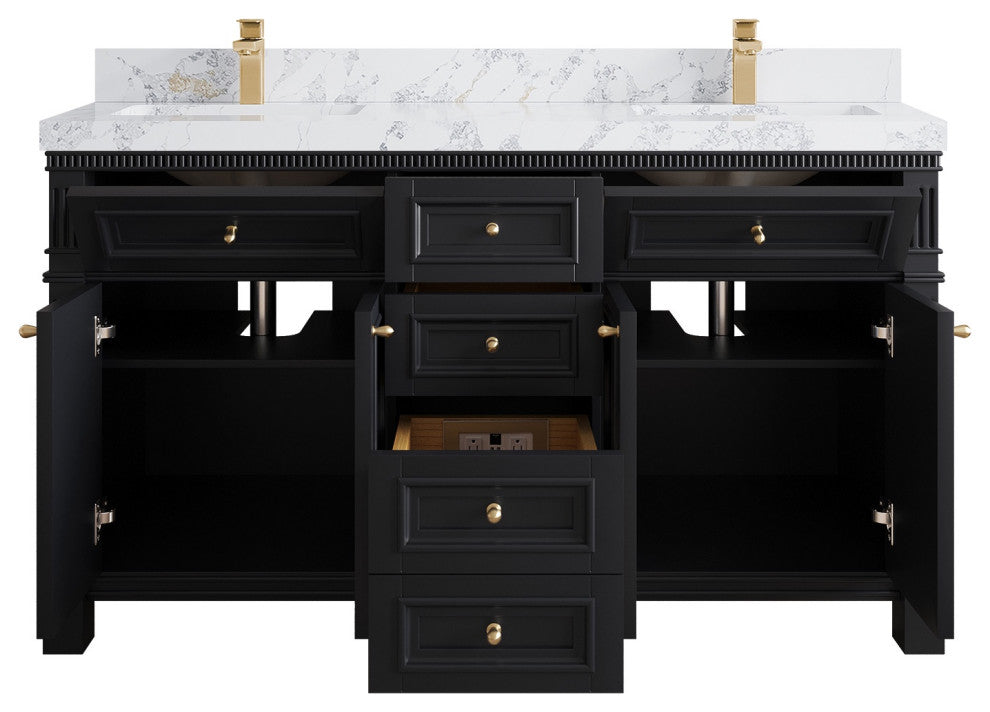 Paris 60" Double Sink Bathroom Vanity, Black 2" Calacatta Poannazo