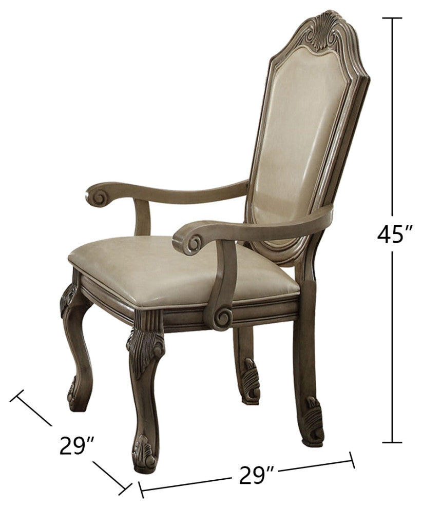 Set of 2 PU Upholstered Arm Chair, Antique White Finish