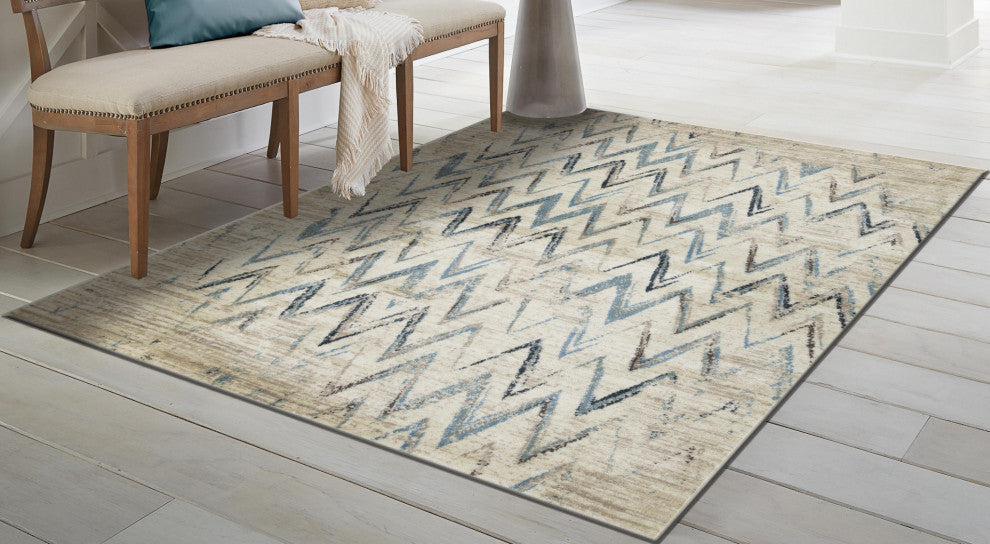 8"x11" Beige Blue Distressed Chevron Area Rug