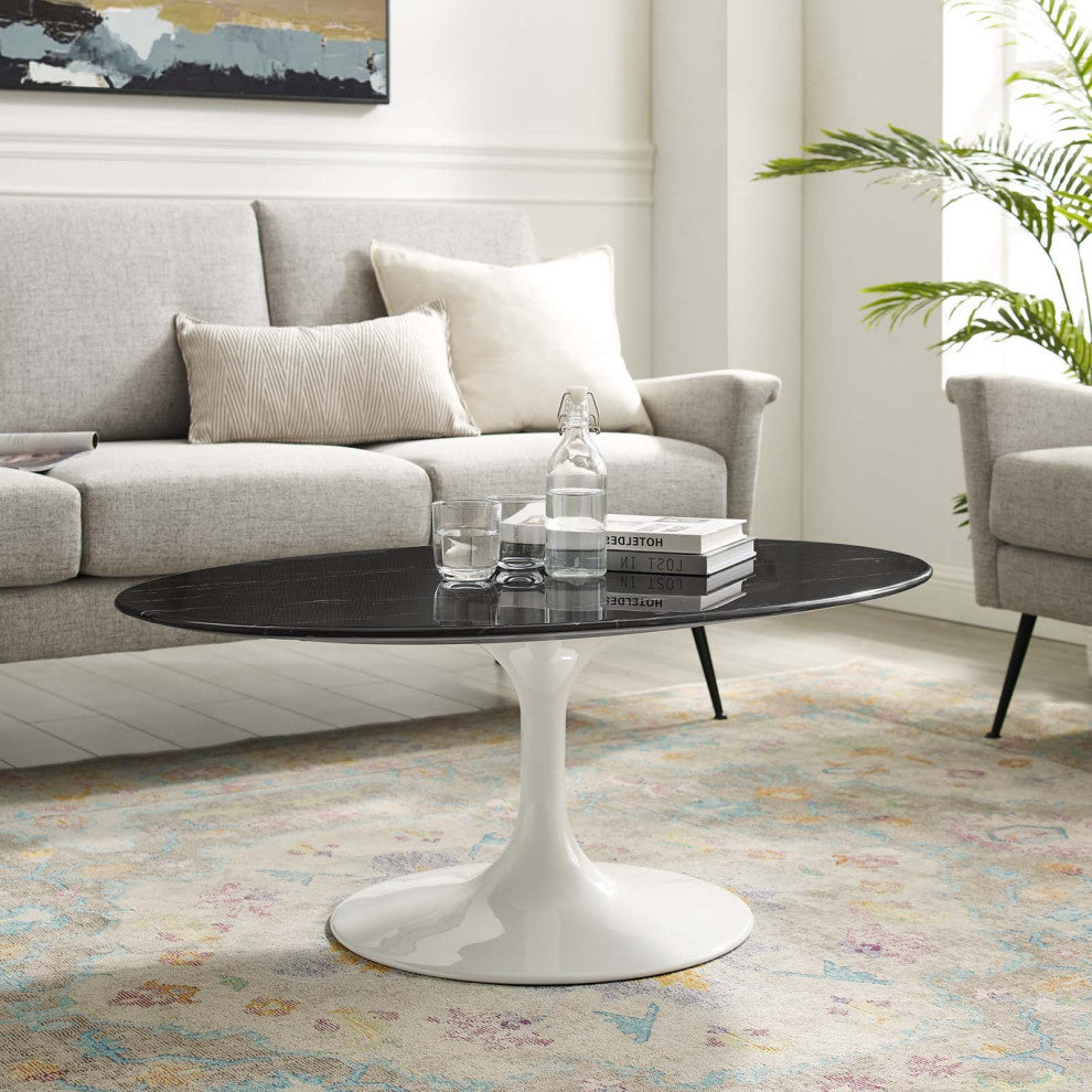 Coffee Table, Oval, Black White, Artificial Marble, Metal, Modern, Hospitality