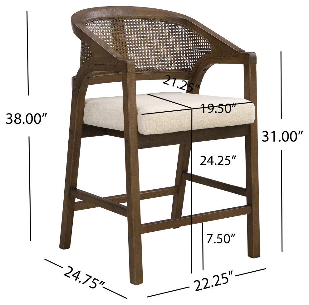 GDF Studio Rattan Back 24.25" Counter Stools, Wooden Frame, Walnut + Beige, Set of 2