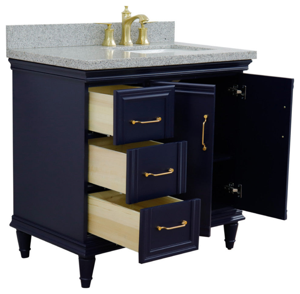 37" Single Vanity, Blue Finish With Gray Granite