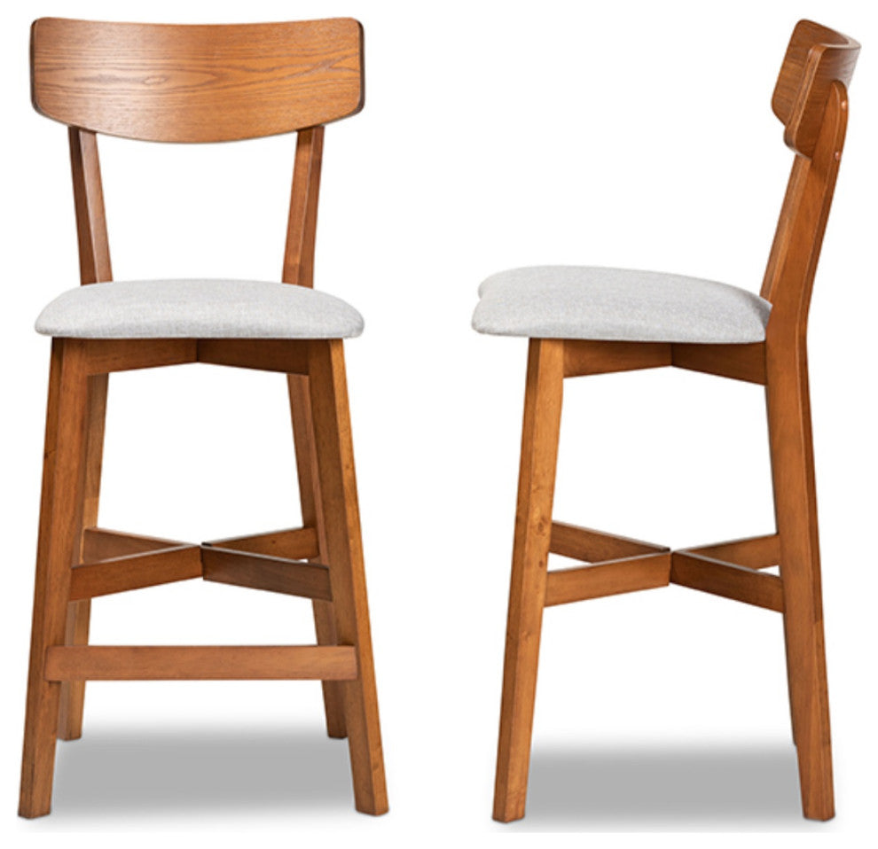 Gray Fabric Upholstered and Walnut Brown Finished Wood Counter Stool, Set of 2