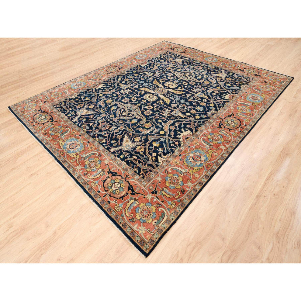 Midnight Blue Antiqued Heriz Soft Wool Hand Knotted Oriental Rug, 8'1"x10'1"