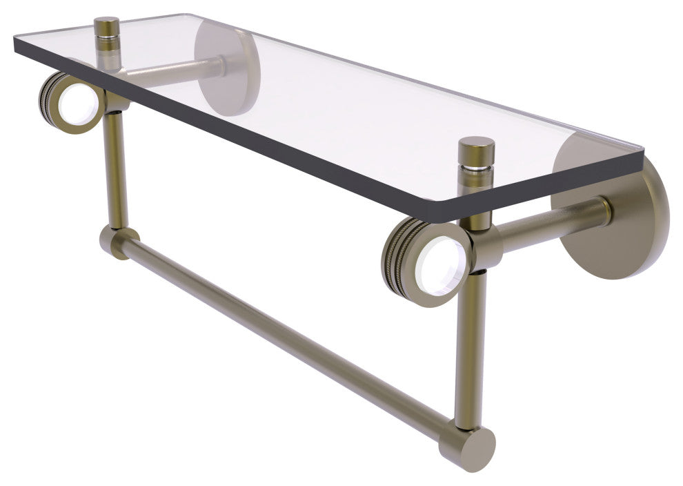 Clearview 16" Glass Shelf With Towel Bar and Dotted Accents, Antique Brass
