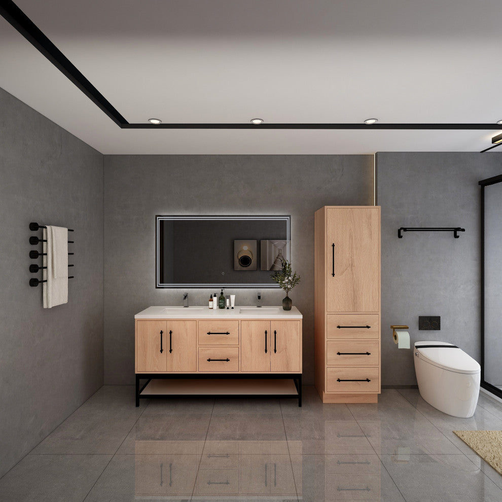 Victoria 60'' Solid Wood Open Shelf Bath Vanity Double Sink, Red Oak