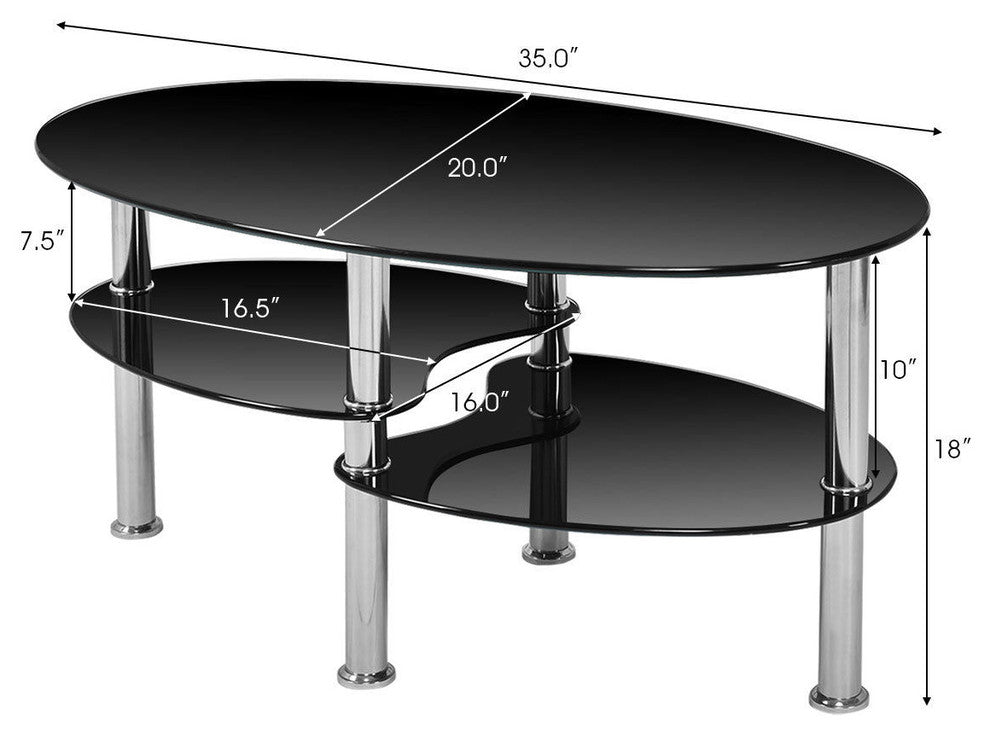 Costway Tempered Glass Oval Side Coffee Table Shelf Chrome Base Living Room