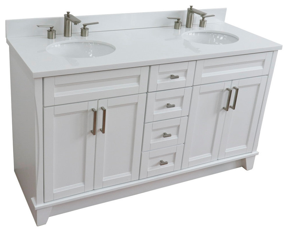 61" Double Sink Vanity, White Finish And Engineered Stone Top And Oval Sink