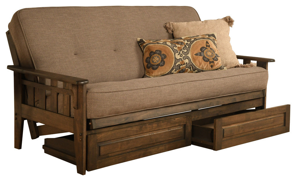 Sonora Frame, Rustic Walnut Finish, Storage Drawers and Mattress, Linen Stone