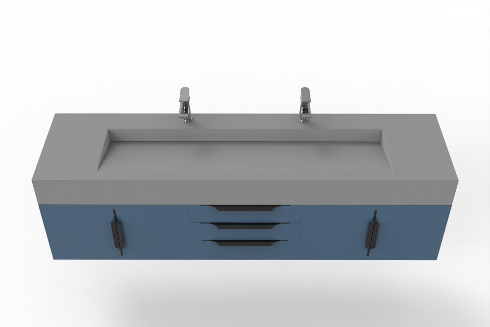 CastelloUSA Nile 72" Wall Mounted Bathroom Vanity Set, Blue, Gray Top, Black Handles