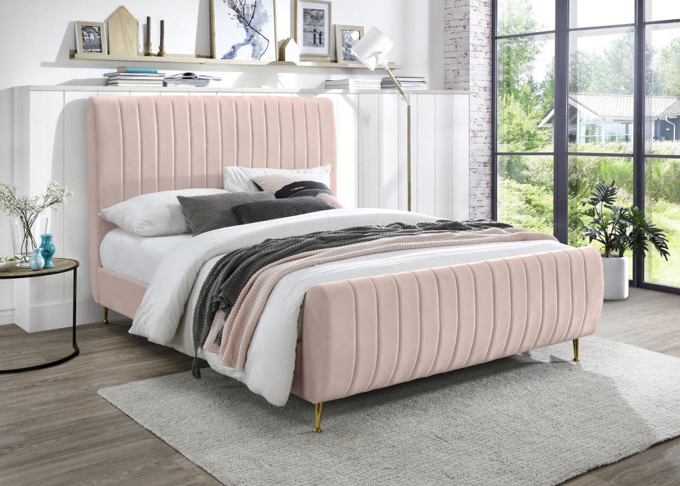 Zara Channel Tufted Velvet Upholstered Bed With Custom Gold Legs, Pink, Full