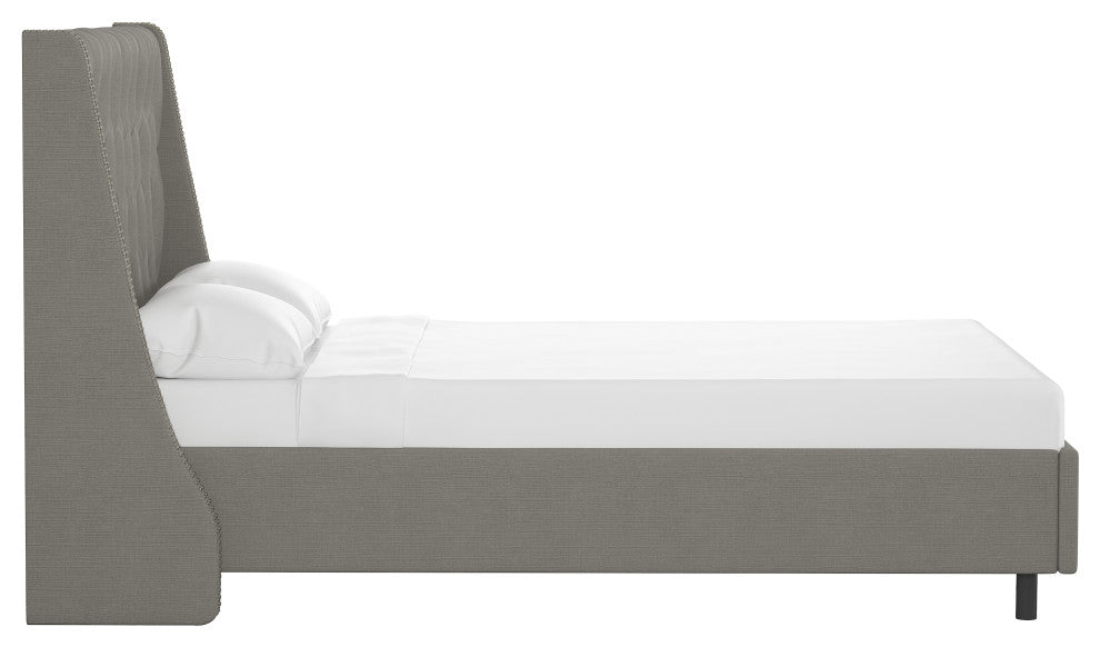 Williams California King Nail Button Diamond Wingback Platform Bed, Linen Gray