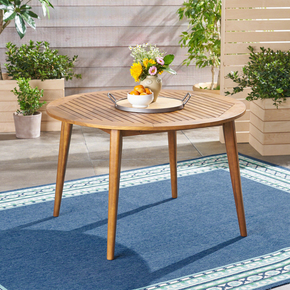 GDF Studio Nick Outdoor Acacia Wood Round Dining Table, Teak Finish