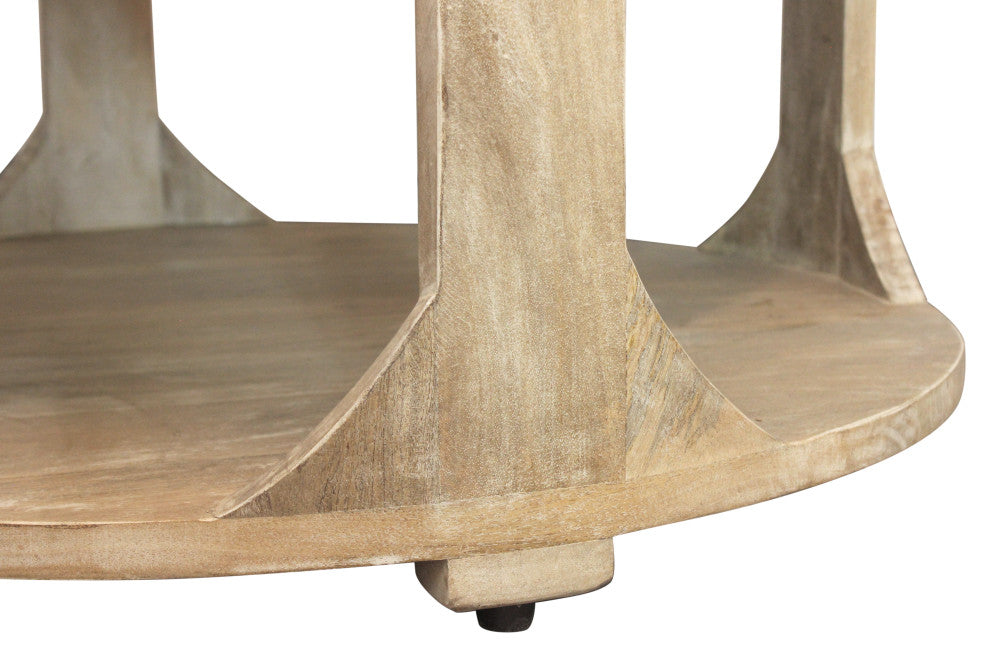 Jenna Coastal Round Cocktail Table With Shelves, Natural Solid Wood