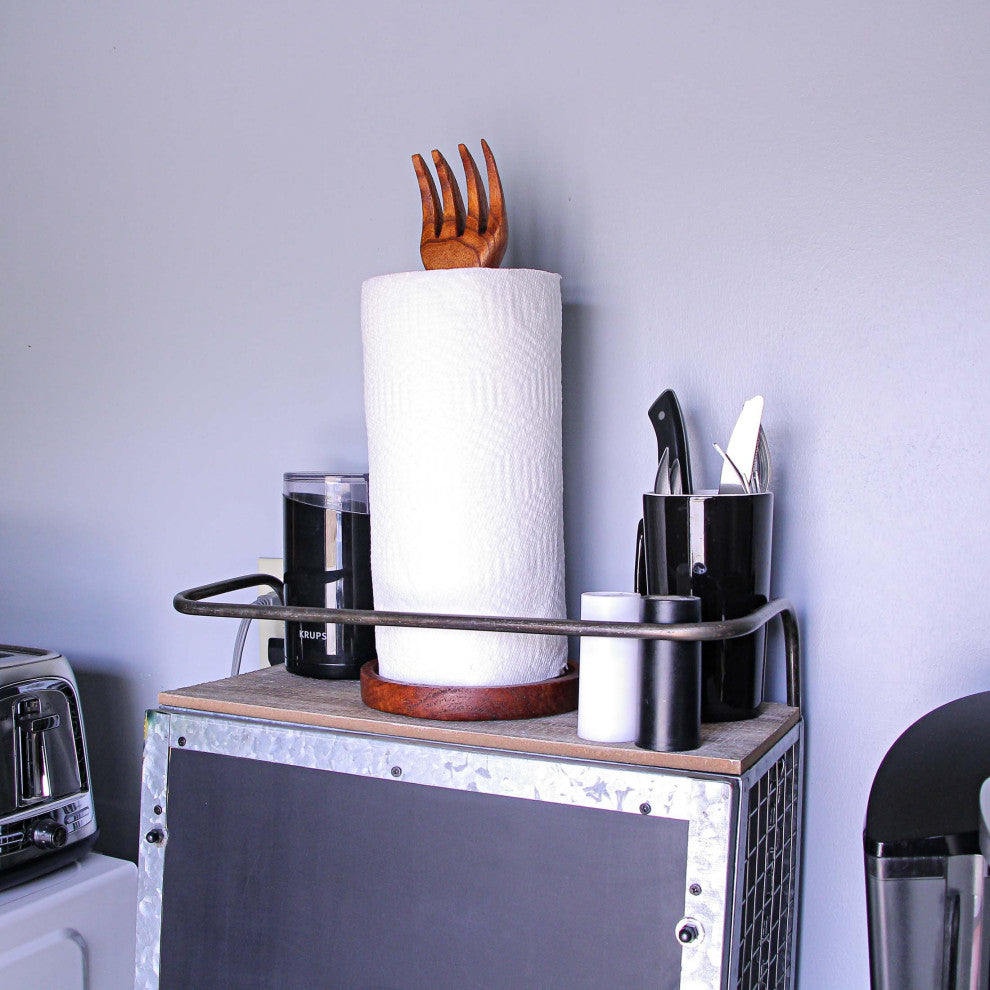 Hand Carved Wooden Countertop Paper Towel Holder Rustic Kitchen Fork Top Stand