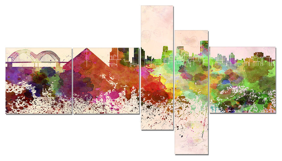 Memphis Skyline, Cityscape Canvas Artwork Print, 60"x32", 5 panels