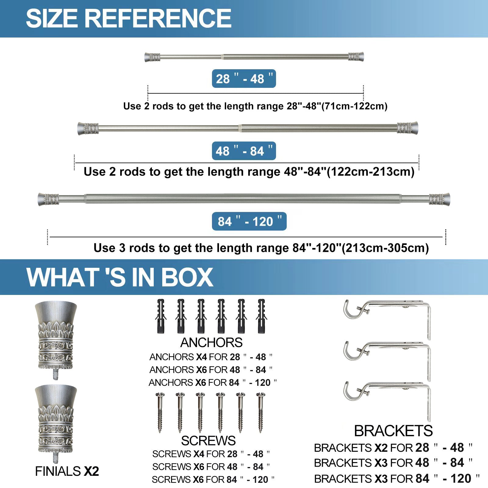1" Diameter Tribale Curtain Rod, 48"-84", Pewter