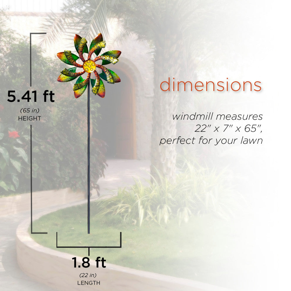 64" Tall Floral Windmill Stake with Jeweled Kinetic Spinner, Green and Orange