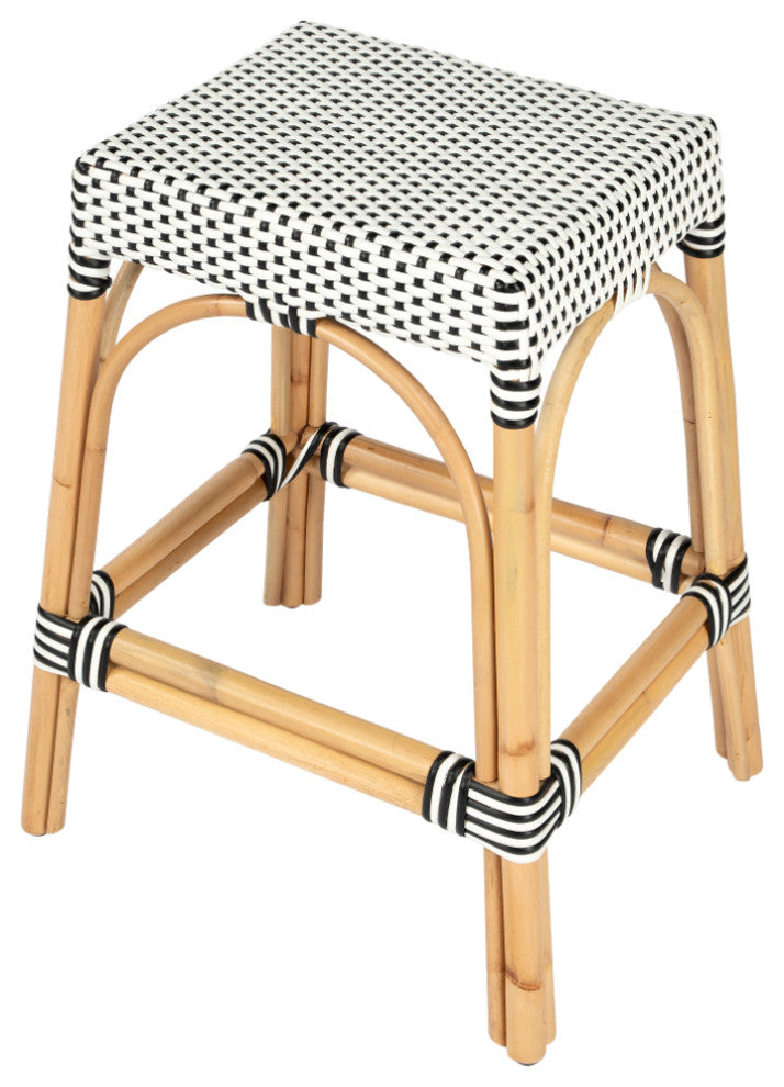 Robias Rectangular Rattan 24.5" Counter Stool, Black and White