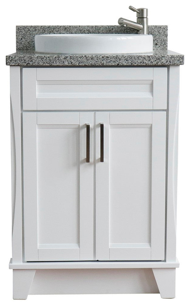 25" Single Sink Vanity, White Finish With Gray Granite And Round Sink