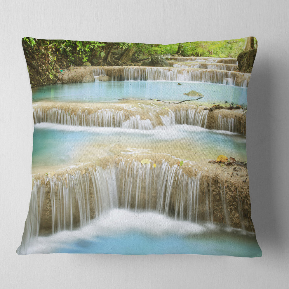 Blue Erawan Waterfall Landscape Photography Throw Pillow, 18"x18"