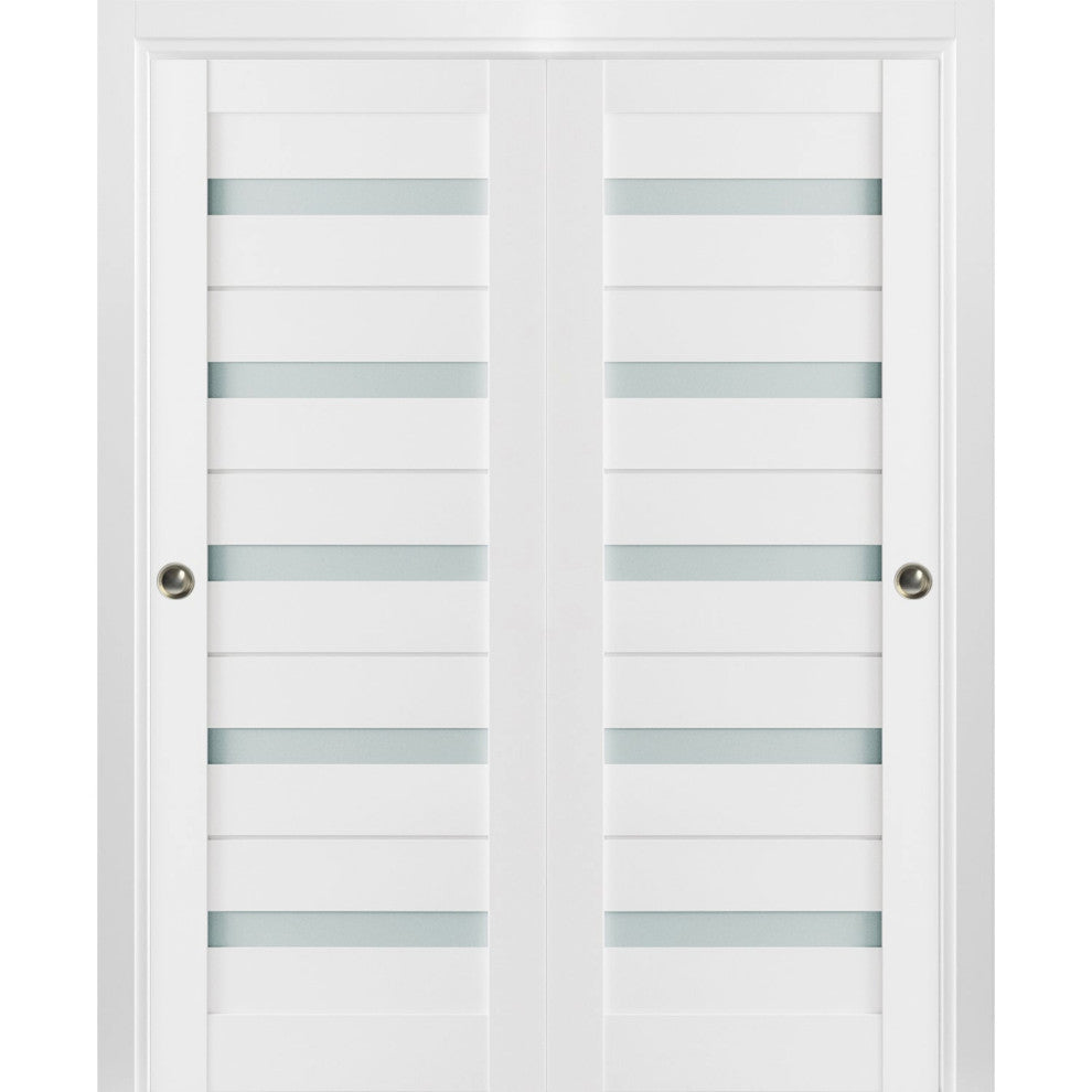 Sliding Frosted Glass Bypass Doors 36 x 96, Quadro 4445 White, Rail