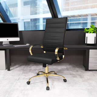 LeisureMod Benmar High-Back Leather Office Chair With Gold Frame
