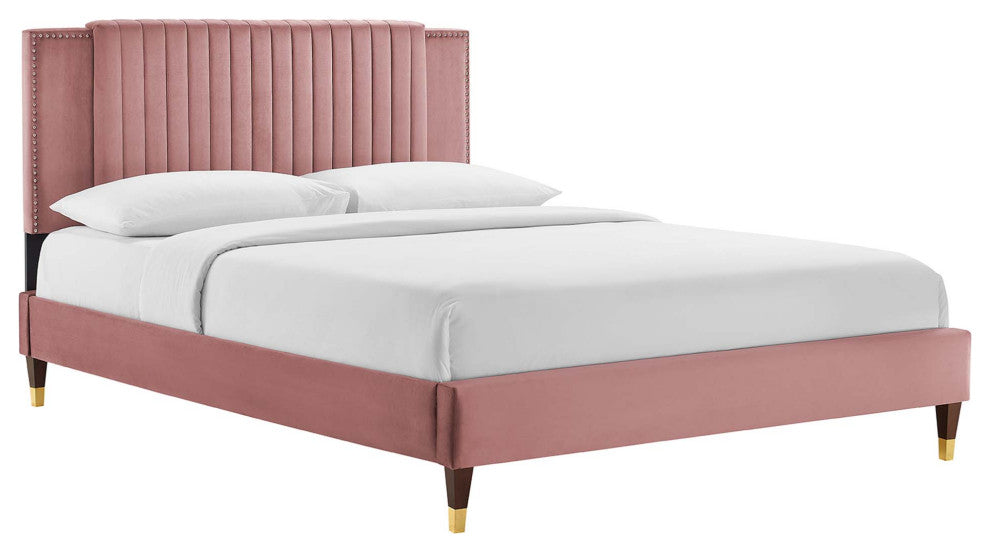 Zahra Channel Tufted Performance Velvet Full Platform Bed, Dusty Rose